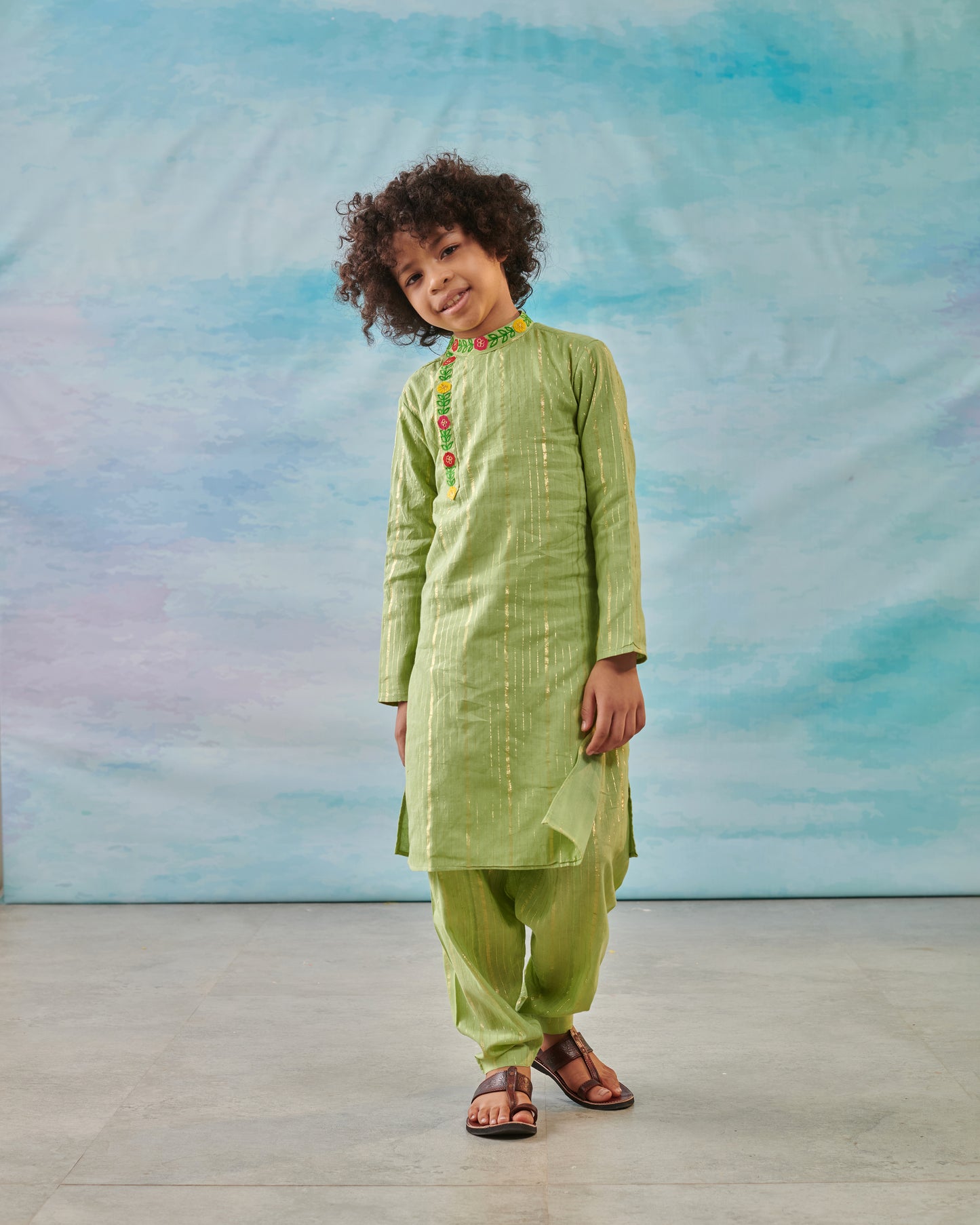 Boy Embroidered Kurta Salwar Set- Sap Green