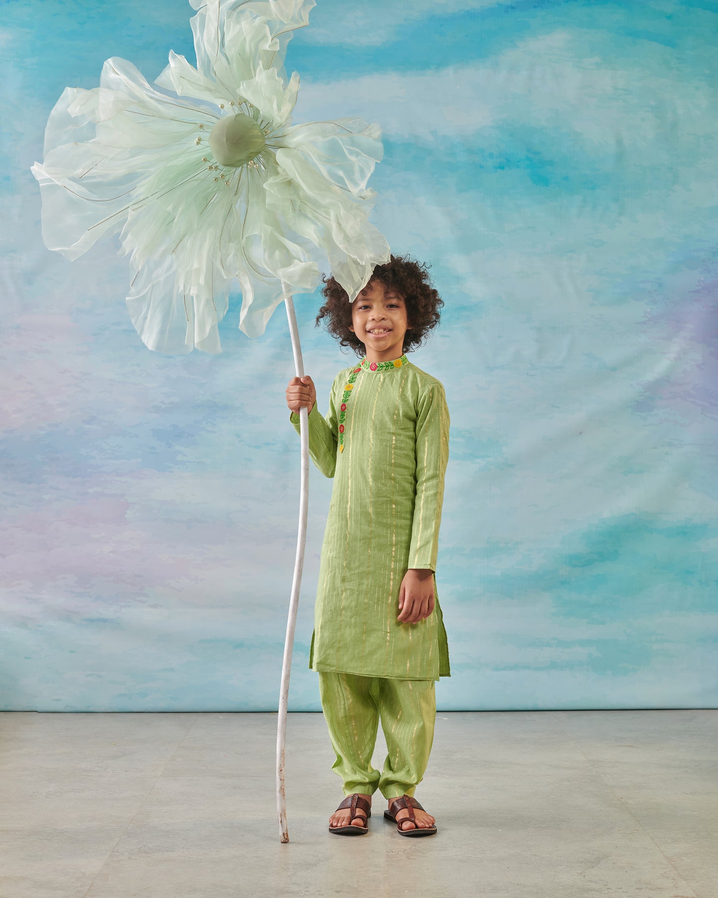 Boy Embroidered Kurta Salwar Set- Sap Green