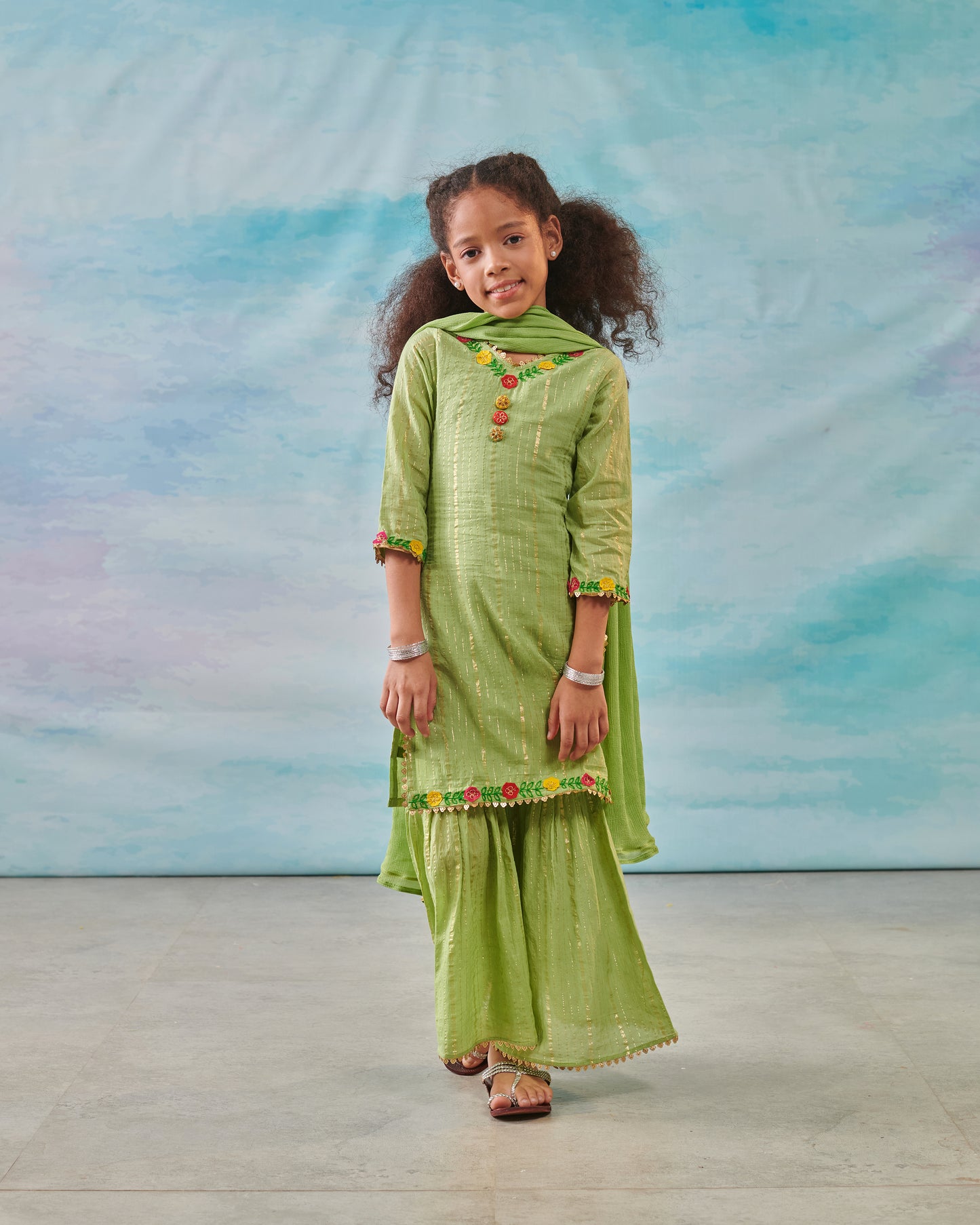 Girl Embroidered Sharara Set-Green