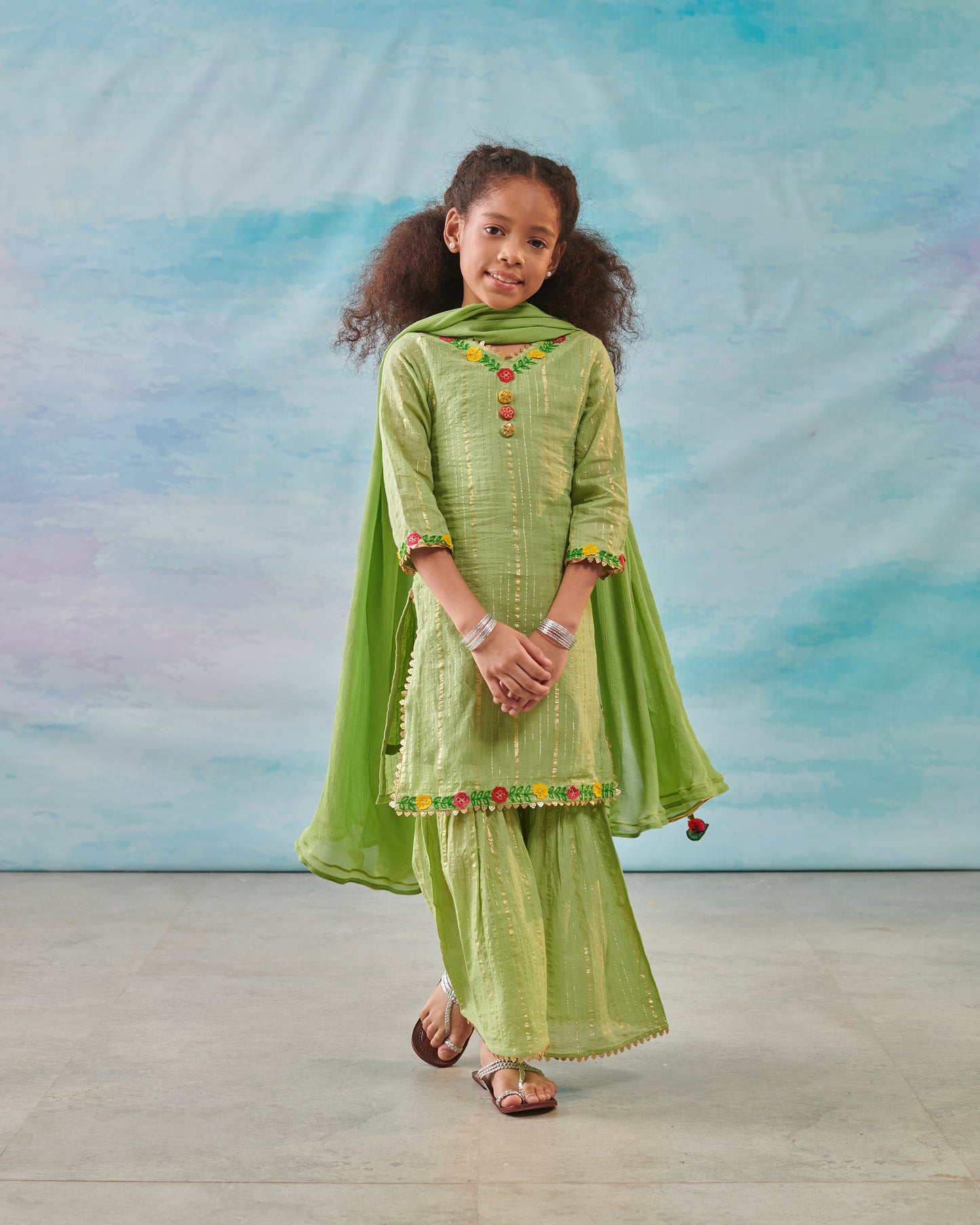 Girl Embroidered Sharara Set-Green