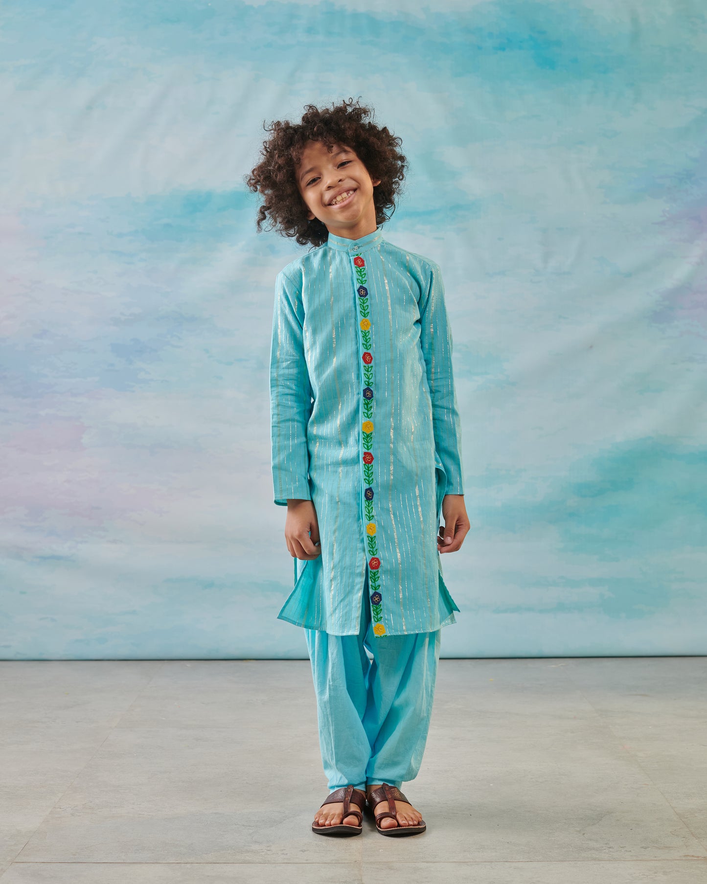 Boy Embroidered Kurta Set - Turquoise