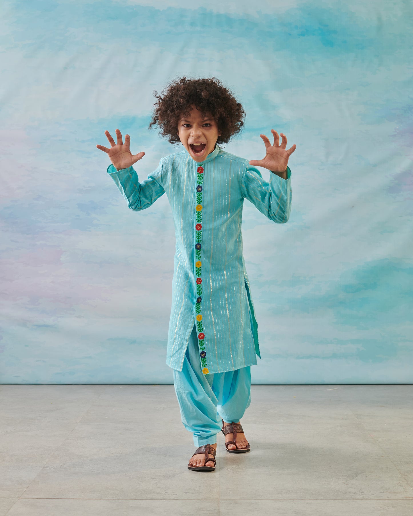 Boy Embroidered Kurta Set - Turquoise