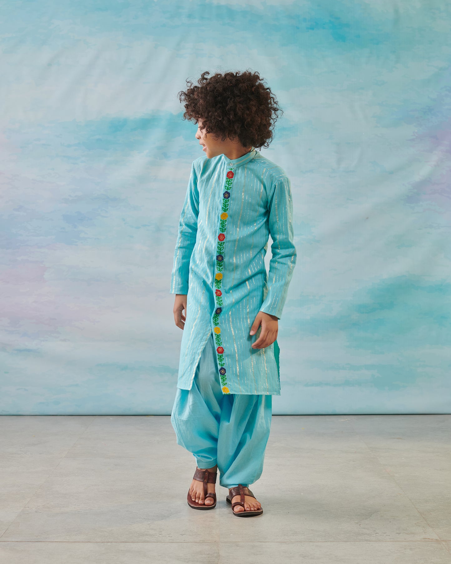 Boy Embroidered Kurta Set - Turquoise