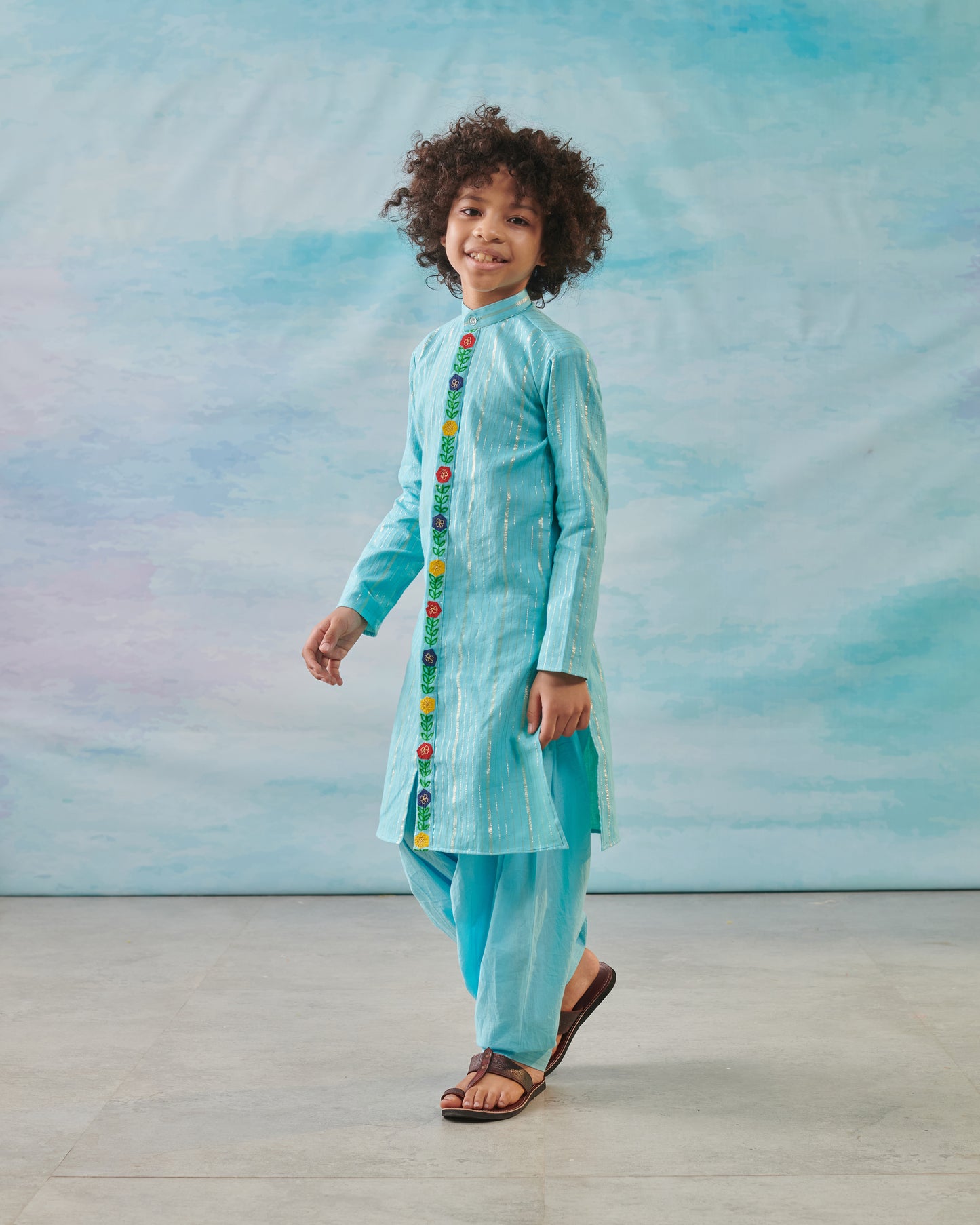 Boy Embroidered Kurta Set - Turquoise