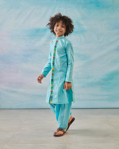 Boy Embroidered Kurta Set - Turquoise