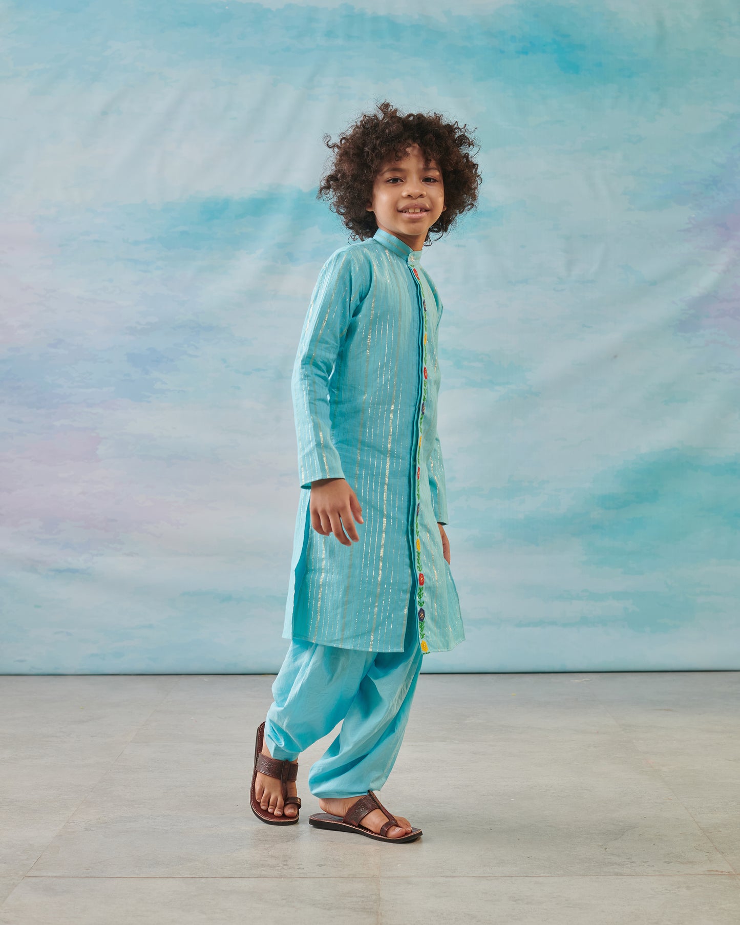 Boy Embroidered Kurta Set - Turquoise