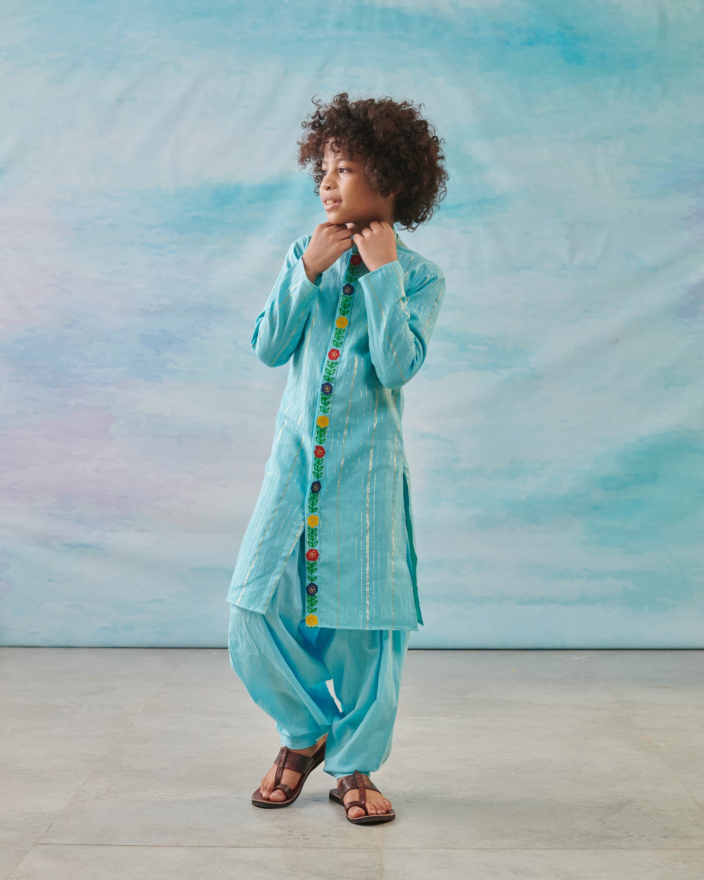 Boy Embroidered Kurta Set - Turquoise