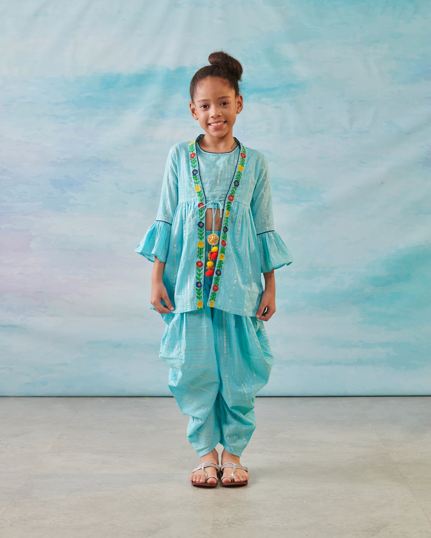 Girl Embroidered 3 Pc Set- Turquoise