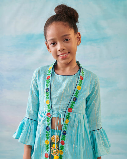 Girl Embroidered 3 Pc Set- Turquoise