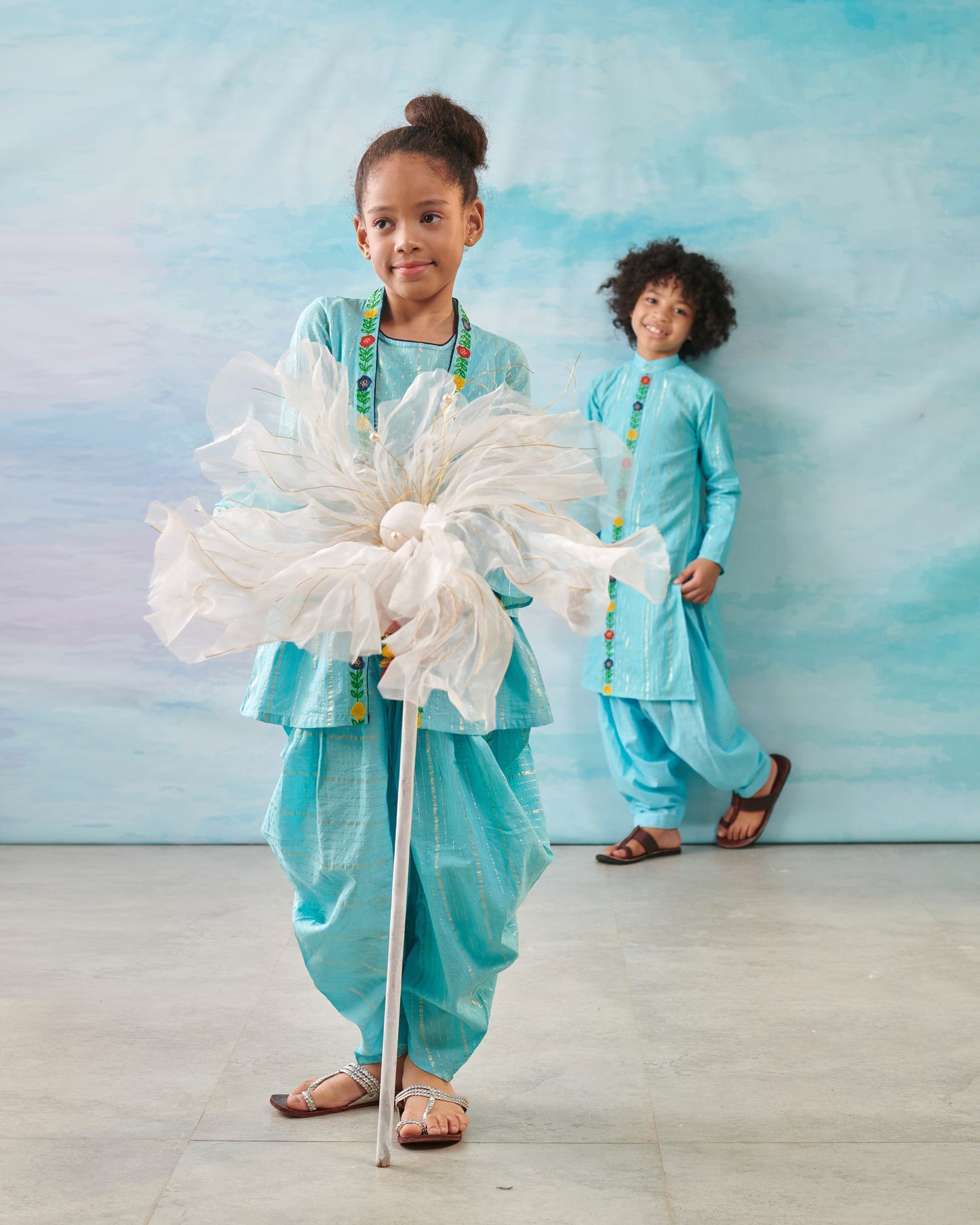 Boy Embroidered Kurta Set - Turquoise