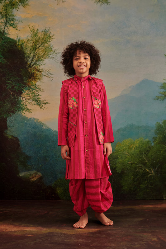 Boy Parrot Dhoti Kurta Set - Hot pink