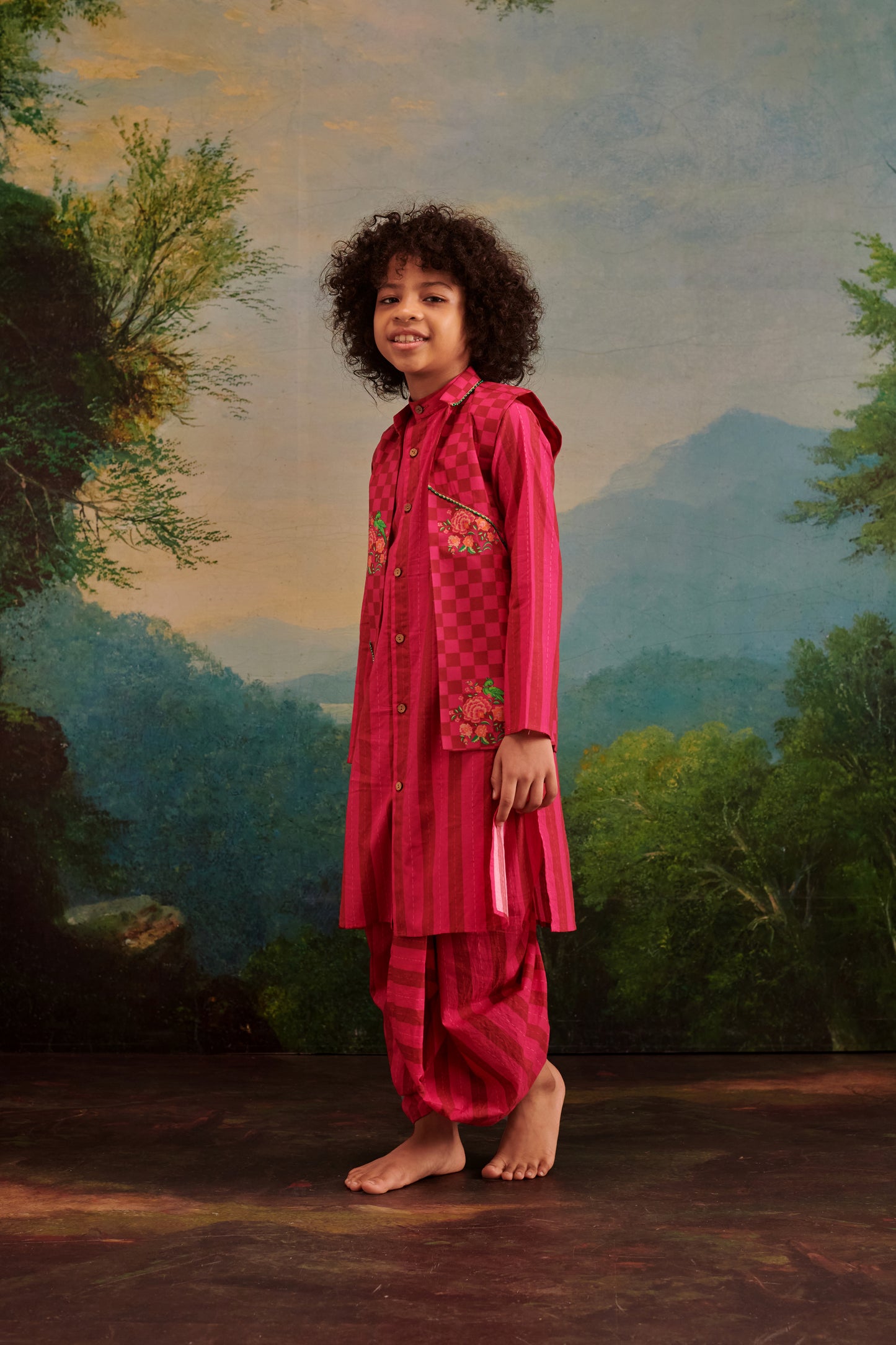 Boy Parrot Dhoti Kurta Set - Hot pink