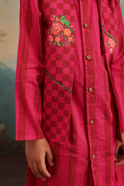 Boy Parrot Dhoti Kurta Set - Hot pink