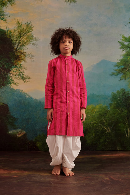 Boy Stripe Kurta Set - Hot Pink