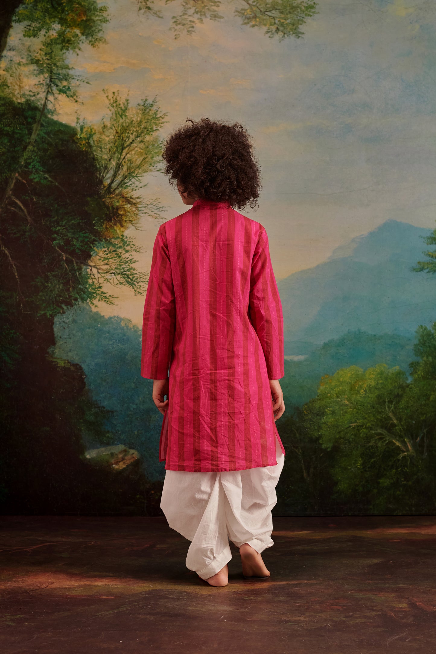 Boy Stripe Kurta Set - Hot Pink