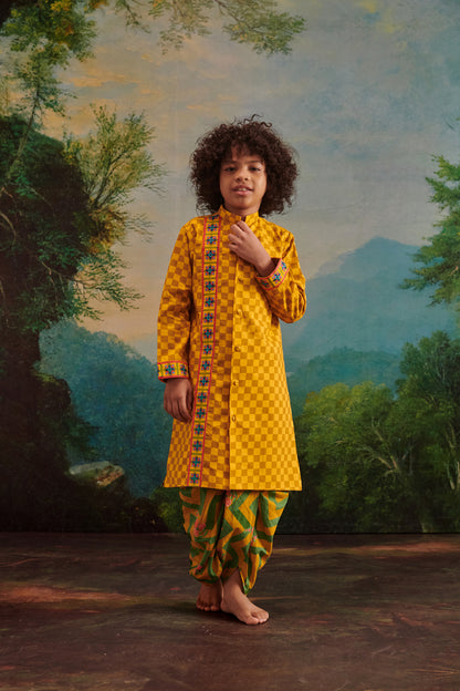 Boy Chevron Dhoti Kurta Set-Yellow