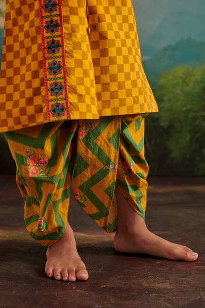 Boy Chevron Dhoti Kurta Set-Yellow