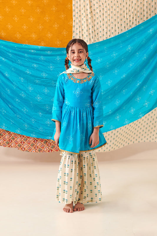 Girl Bandhani Sharara Set-Turquoise