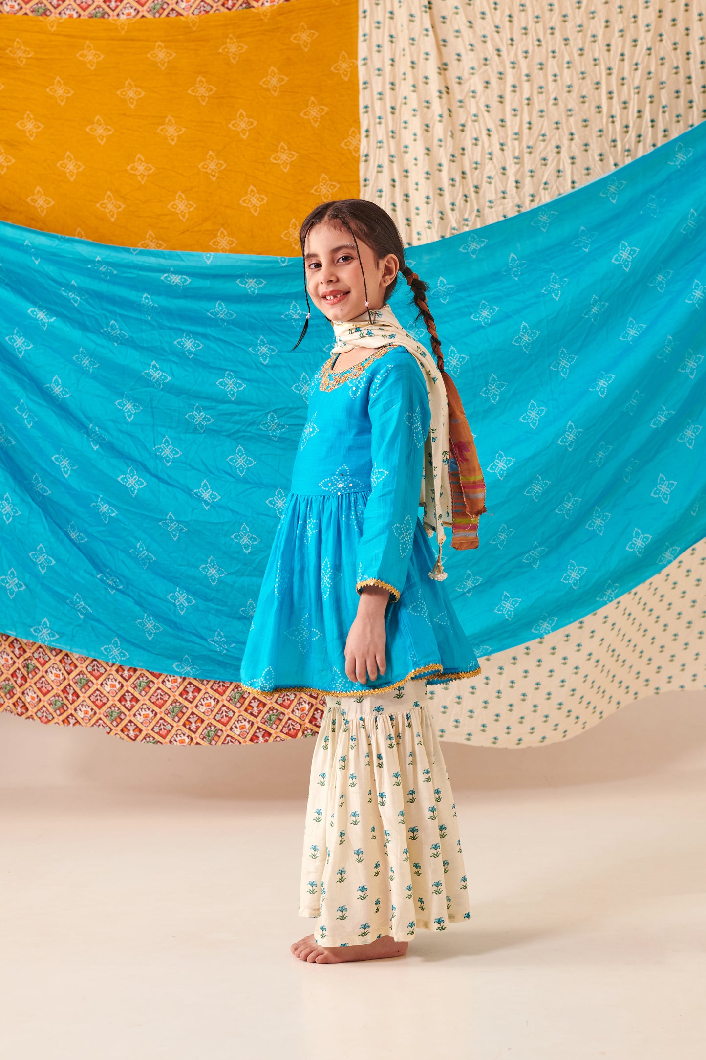 Girl Bandhani Sharara Set-Turquoise