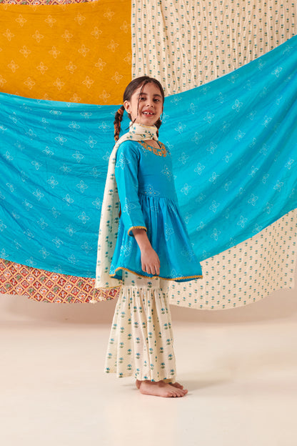 Girl Bandhani Sharara Set-Turquoise