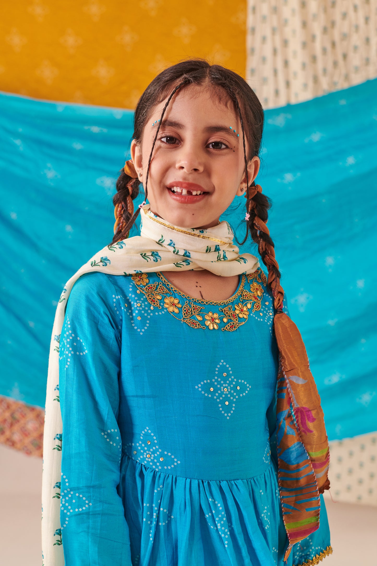 Girl Bandhani Sharara Set-Turquoise