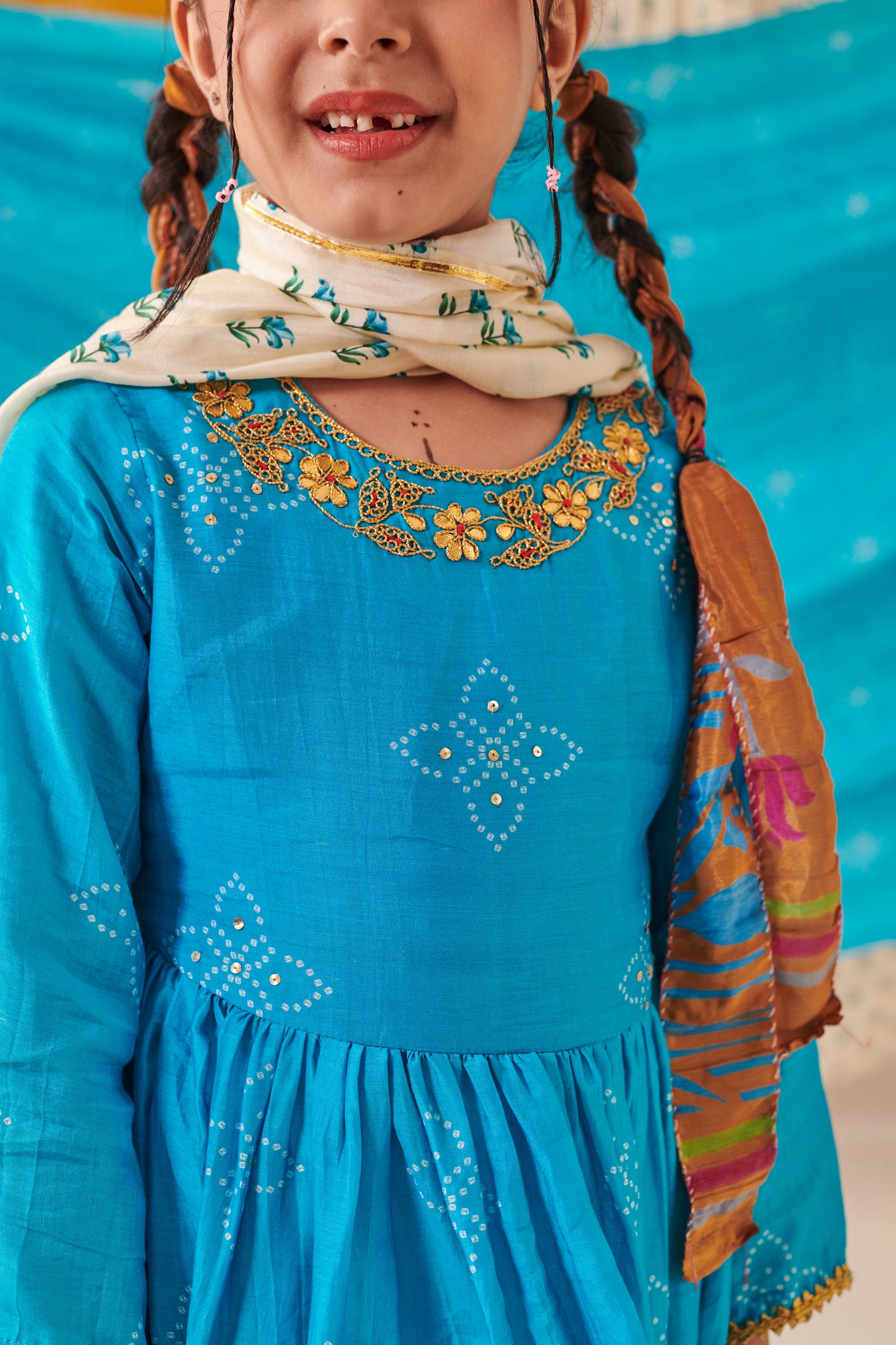 Girl Bandhani Sharara Set-Turquoise