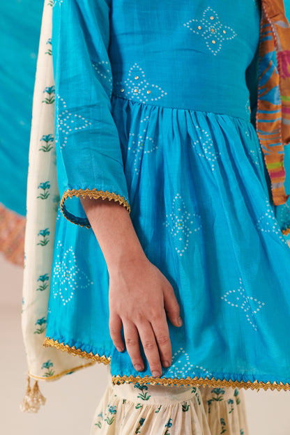 Girl Bandhani Sharara Set-Turquoise