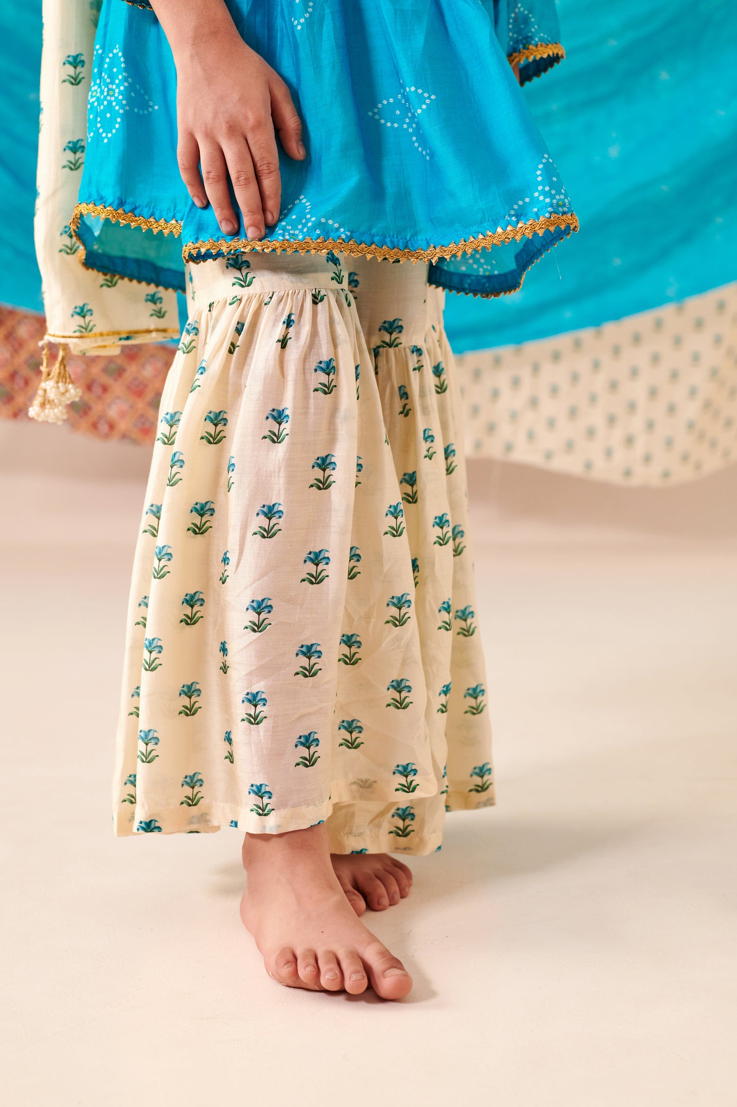 Girl Bandhani Sharara Set-Turquoise