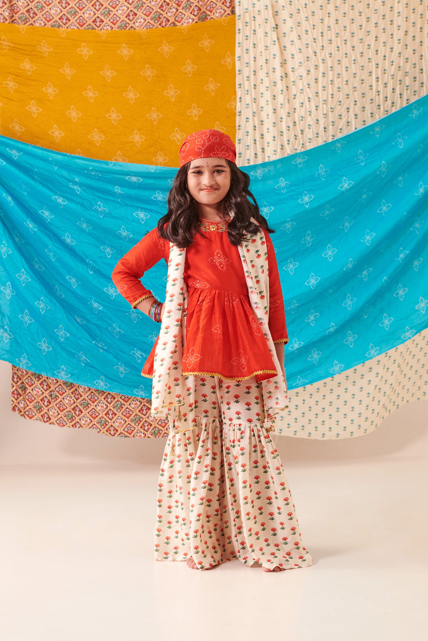 Girl Bandhani Sharara Set-Red