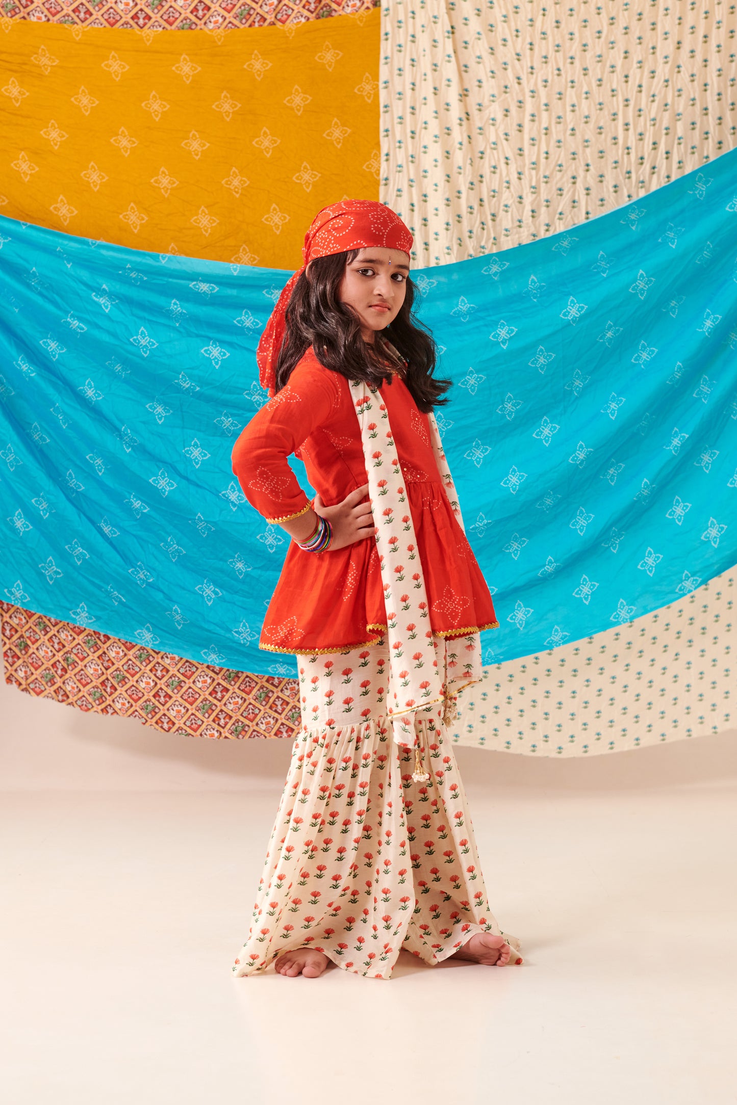 Girl Bandhani Sharara Set-Red