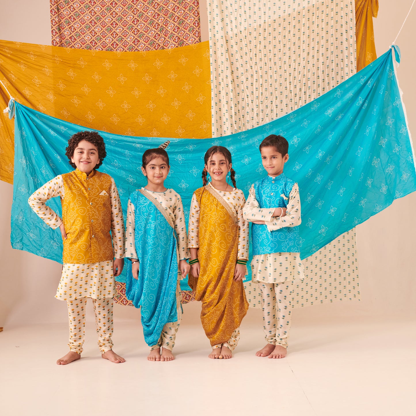 Boy Bandhani 3 Pc Bundi Set - Mustard Yellow