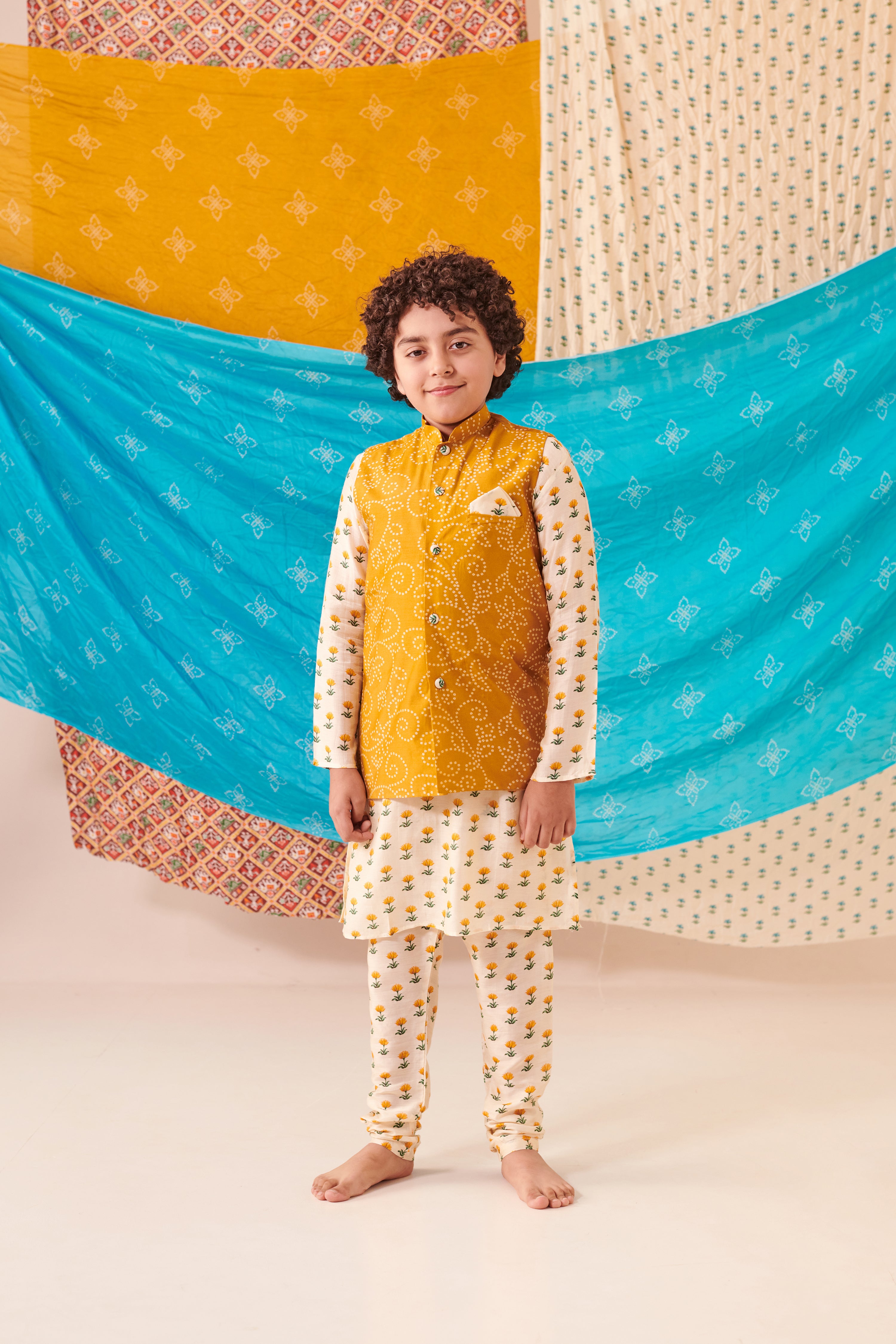 Boy Bandhani 3 Pc Bundi Set - Mustard Yellow