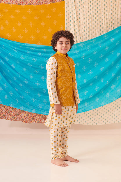 Boy Bandhani 3 Pc Bundi Set - Mustard Yellow