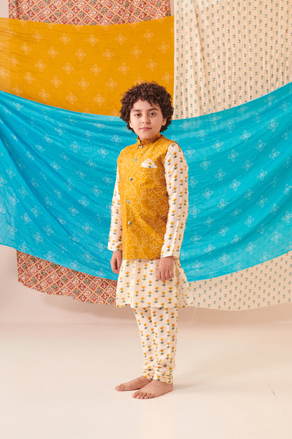 Boy Bandhani 3 Pc Bundi Set - Mustard Yellow