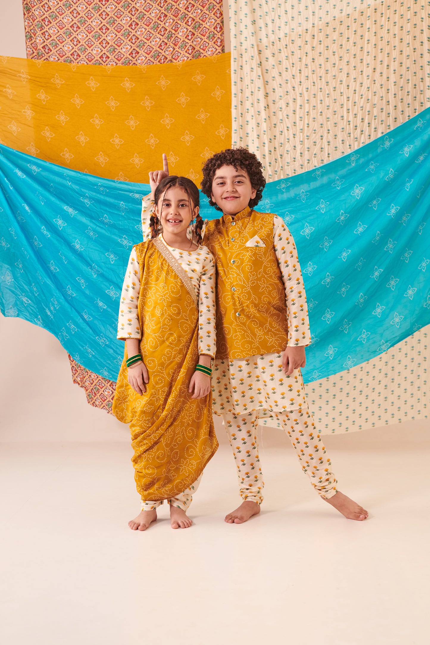 Boy Bandhani 3 Pc Bundi Set - Mustard Yellow