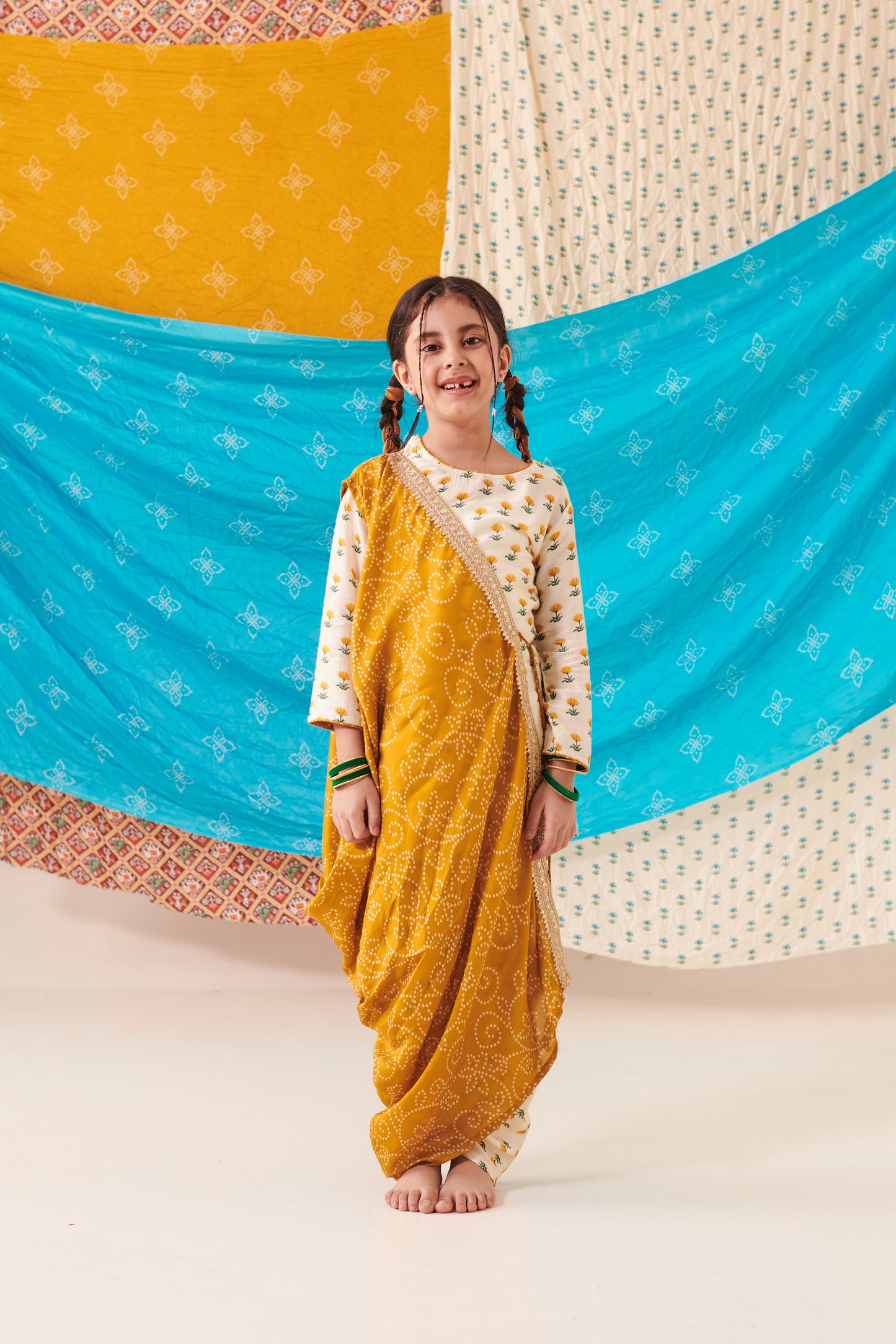 Girl Bandhani Print Three Pc Set - Mustard Yellow