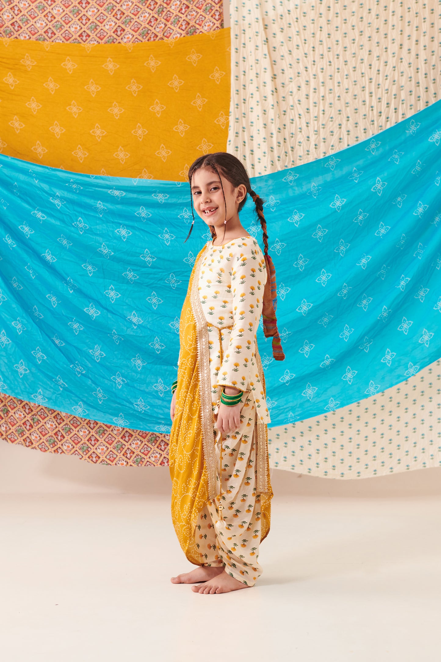 Girl Bandhani Print Three Pc Set - Mustard Yellow