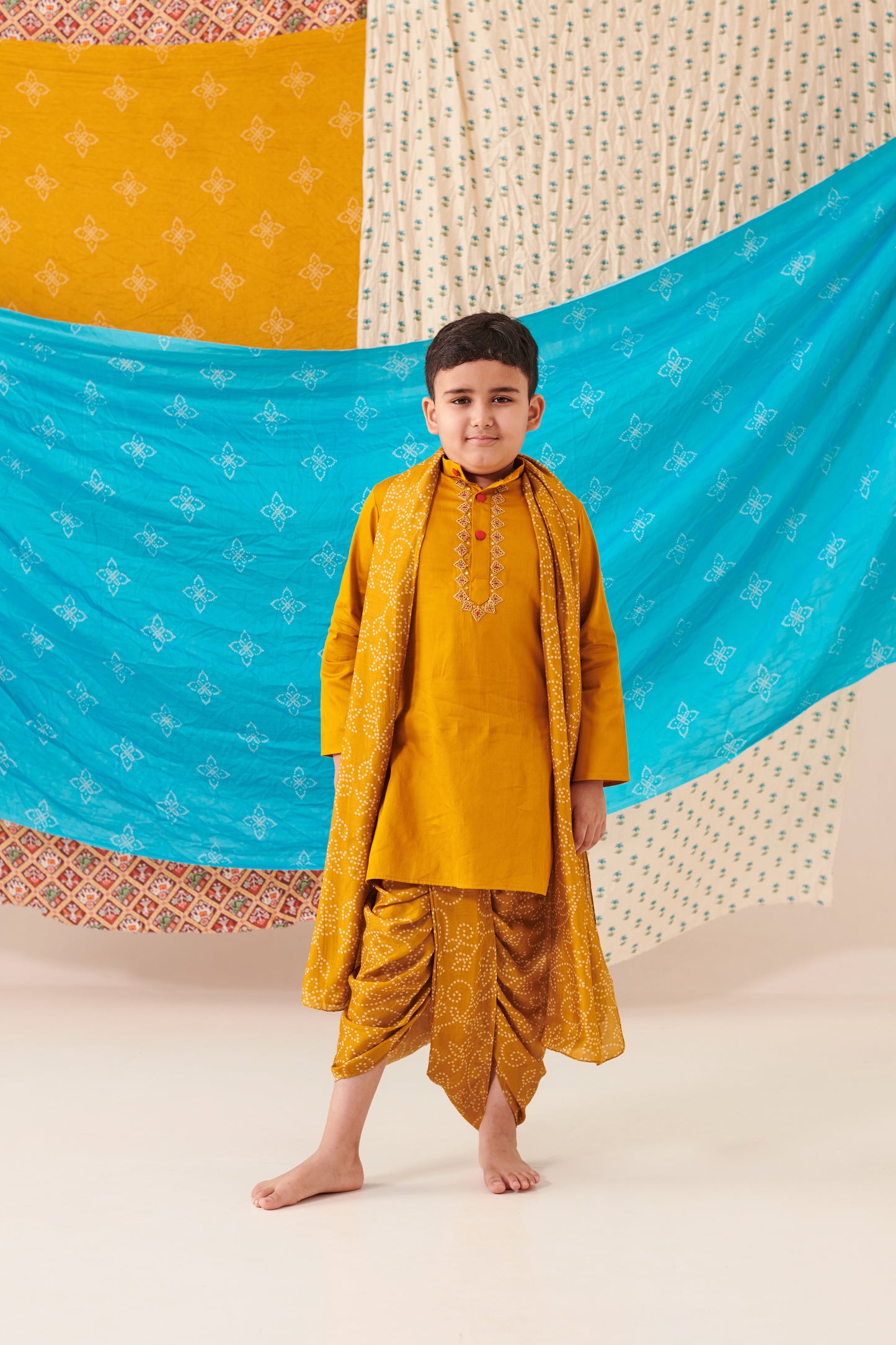 Boy Bandhani Kurta Dhoti Set-Mustard Yellow