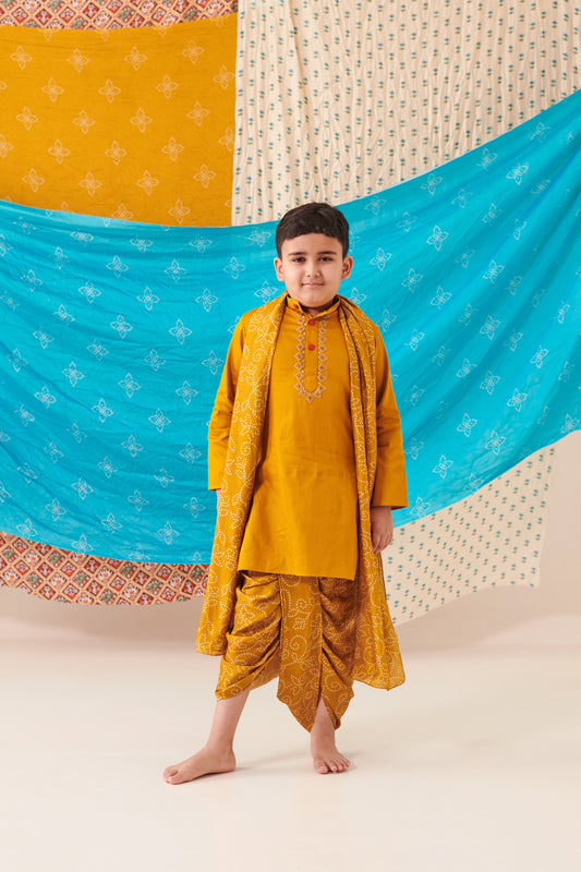 Boy Bandhani Kurta Dhoti Set-Mustard Yellow