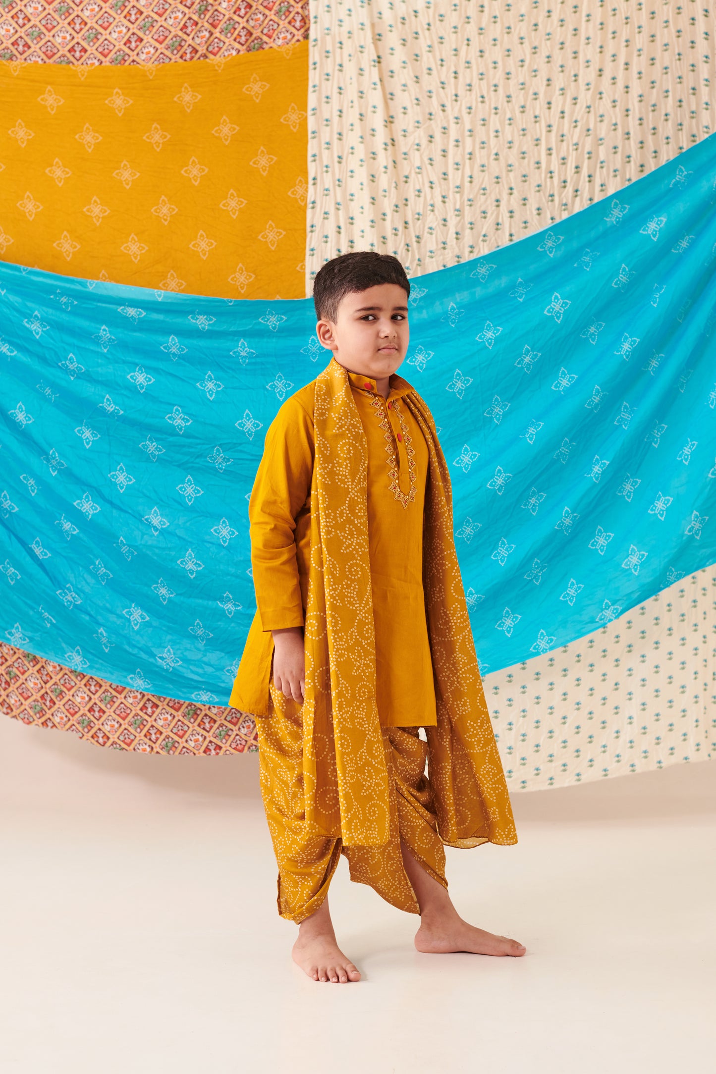 Boy Bandhani Kurta Dhoti Set-Mustard Yellow