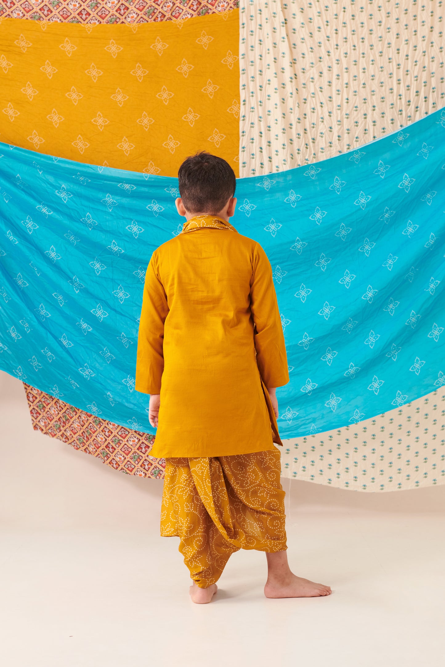 Boy Bandhani Kurta Dhoti Set-Mustard Yellow