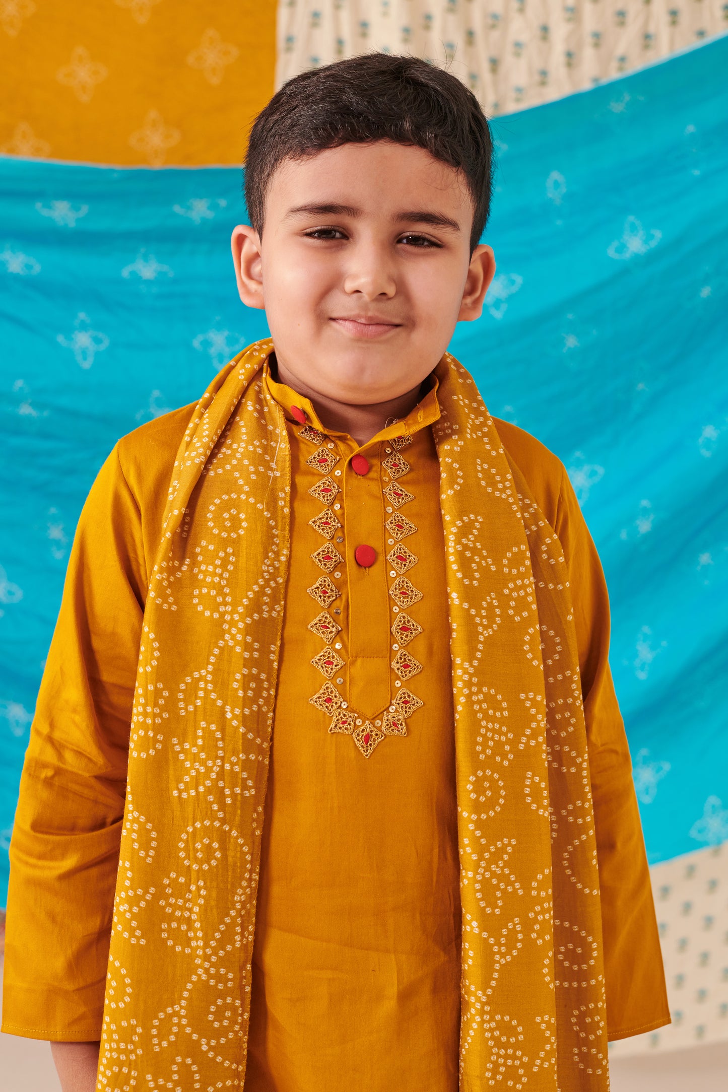 Boy Bandhani Kurta Dhoti Set-Mustard Yellow