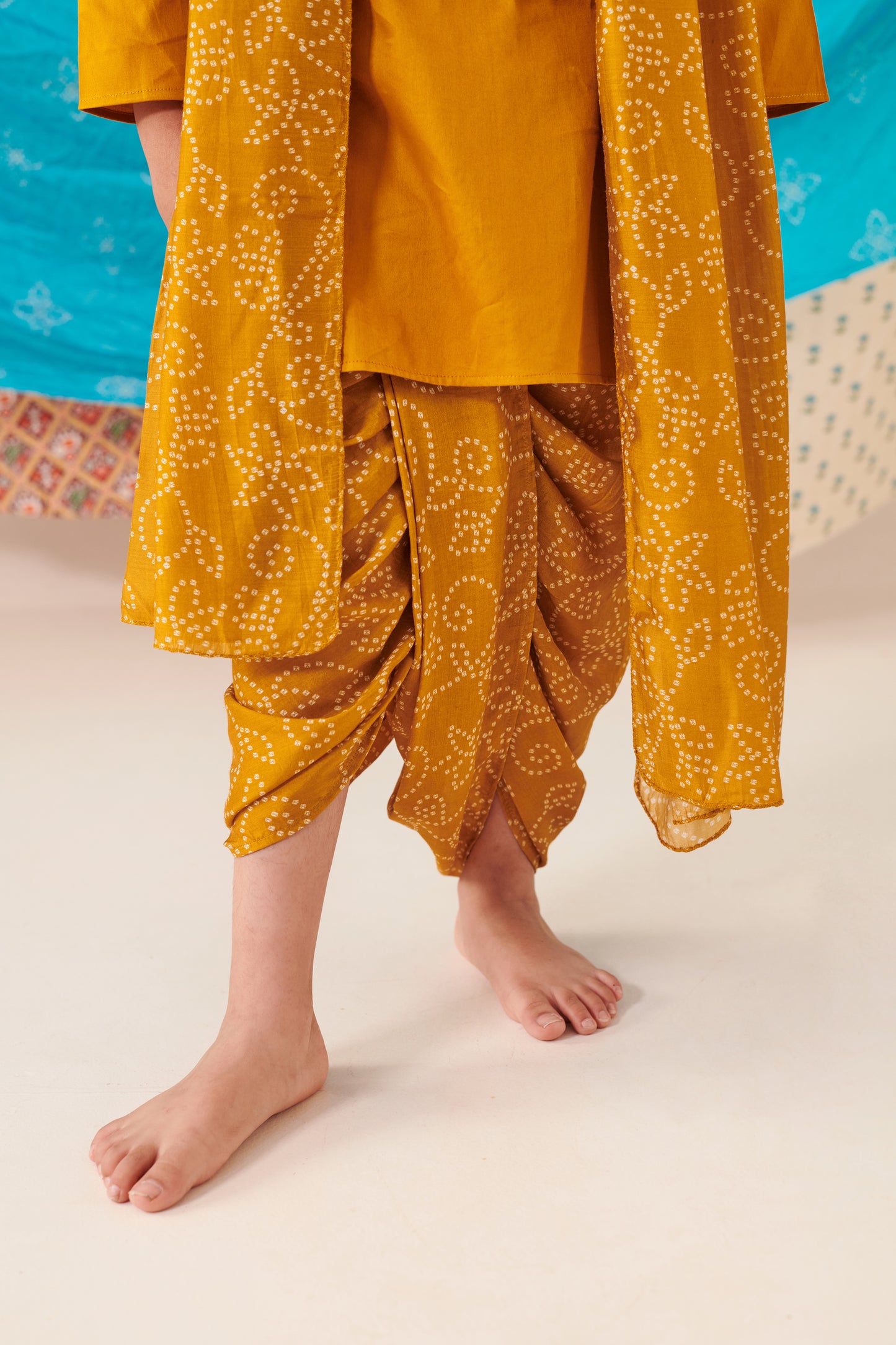 Boy Bandhani Kurta Dhoti Set-Mustard Yellow