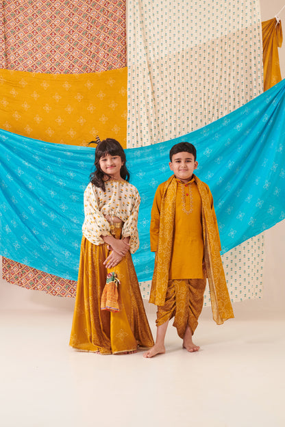 Boy Bandhani Kurta Dhoti Set-Mustard Yellow