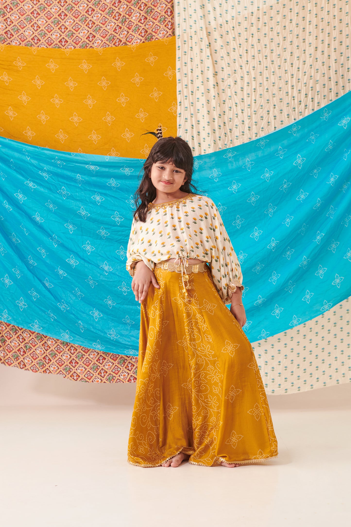 Girl Panelled Bandhani Skirt Set-Mustard Yellow