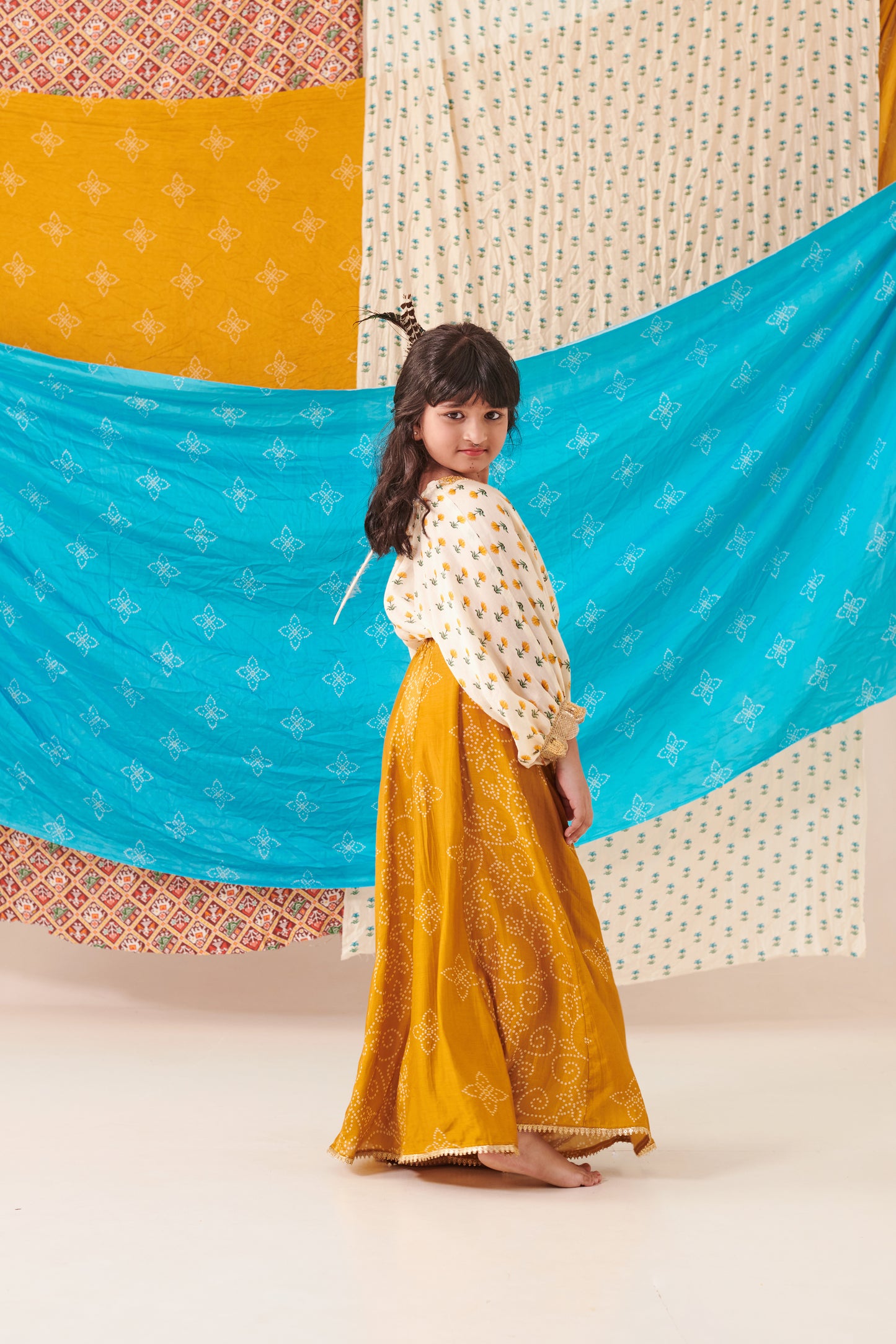 Girl Panelled Bandhani Skirt Set-Mustard Yellow