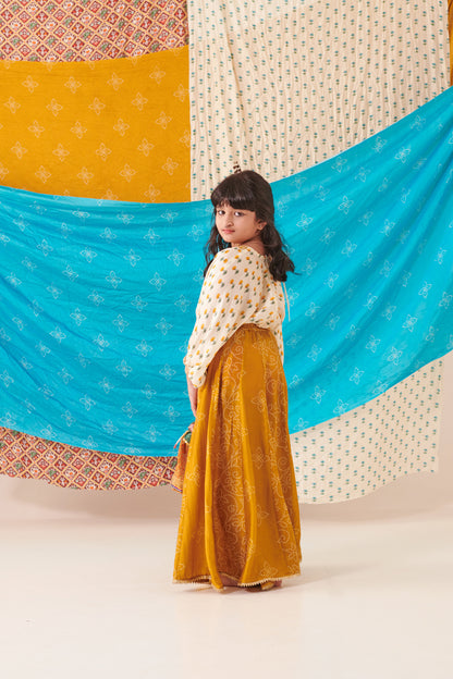 Girl Panelled Bandhani Skirt Set-Mustard Yellow