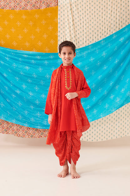 Boy Bandhani Kurta Dhoti Set-Red