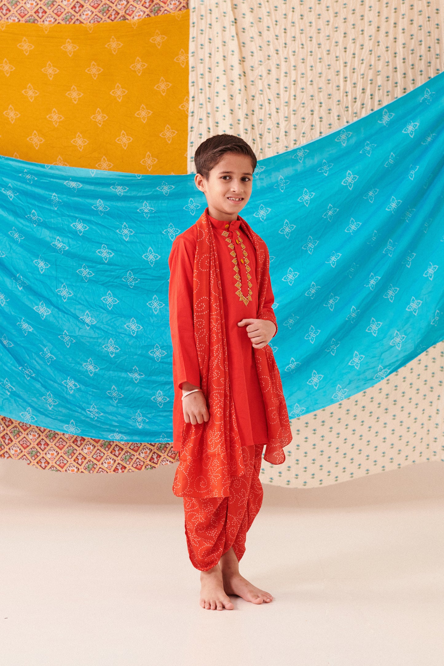 Boy Bandhani Kurta Dhoti Set-Red