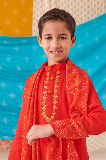 Boy Bandhani Kurta Dhoti Set-Red